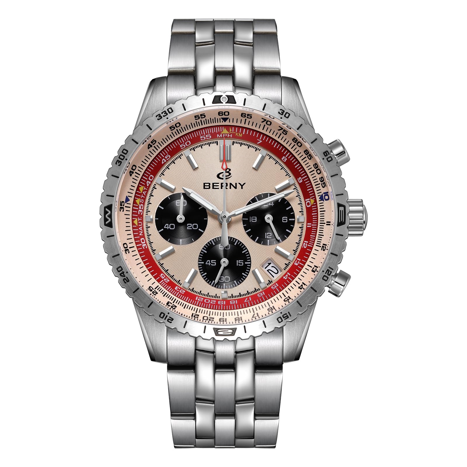 BERNY Chronograph Watch with Tachymeter Analog Quartz Watch for Men Sapphire Glass Men's Stopwatch for Sports All Stainless Steel Male Wristwatch with 3ATM Waterproof Date Calendar C3 Luminous - Image 8