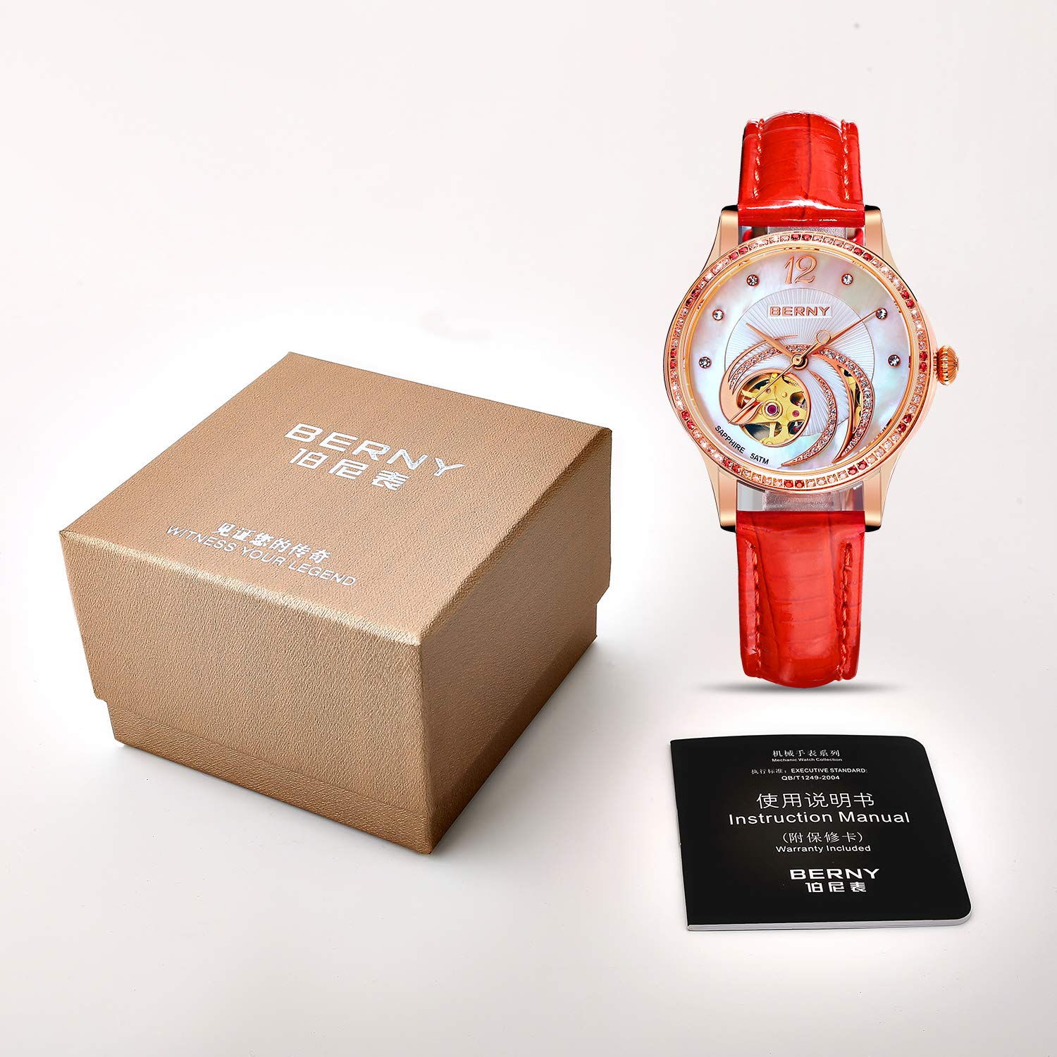 BERNY Fashion Automatic Women's Wrist Watch, Phoenix-Inspired, Stainless Steel Bezel with 18K Gold Overlay, Small Dial Watch for Women (Red) - Image 7
