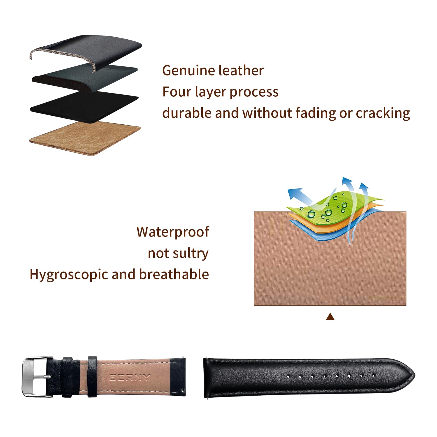 BERNY Quick Release Leather Watch Bands Men's Women's Watch Bands Top Genuine Leather Watch Strap for Men Women - 16mm 18mm 20mm 22mm 24mm, Black Brown - Image 4
