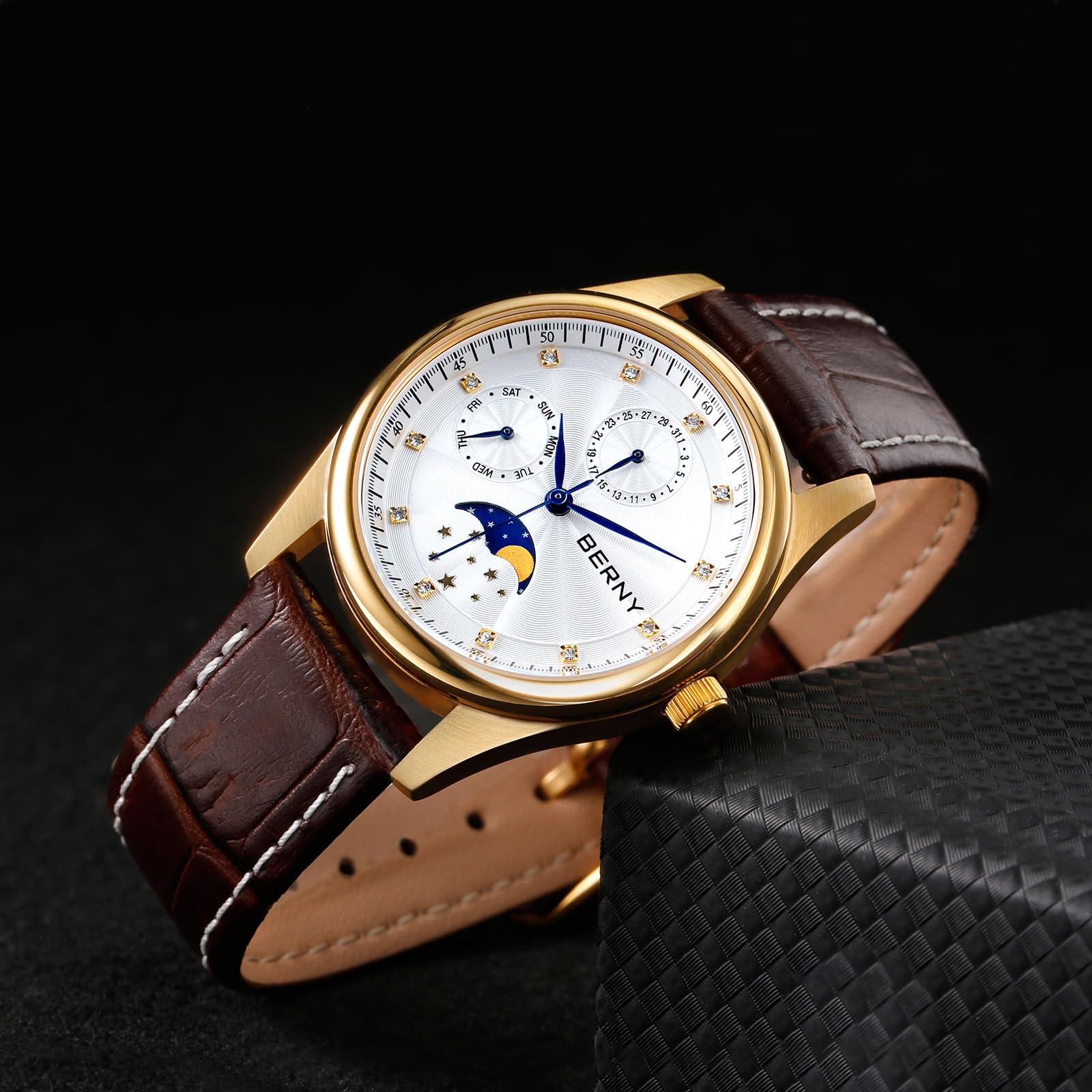 BERNY Womens Multi-Function Watch with Calendar and Moon Phase Watch - Stainless Steel Case and Leather Band - Image 4