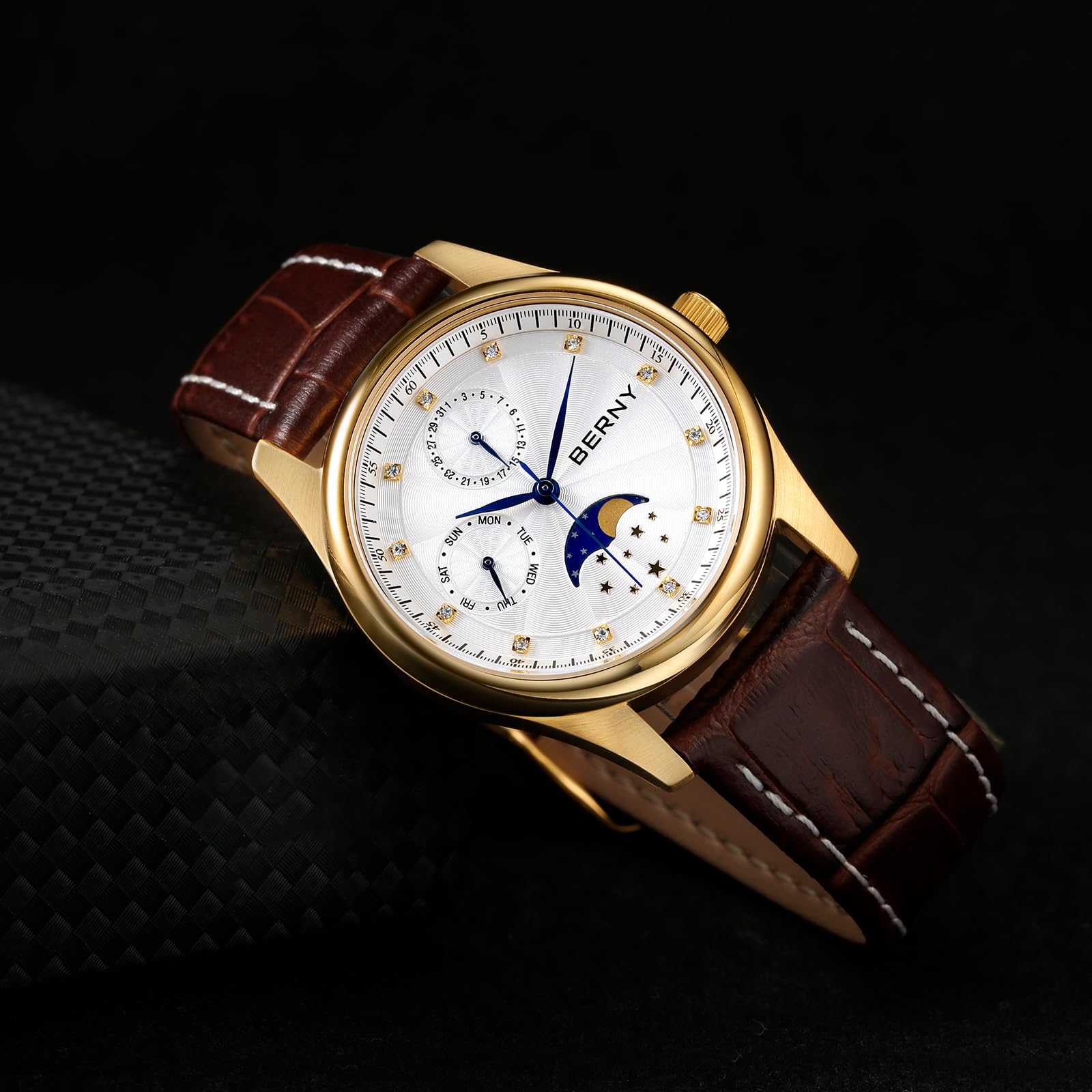 BERNY Womens Multi-Function Watch with Calendar and Moon Phase Watch - Stainless Steel Case and Leather Band - Image 5